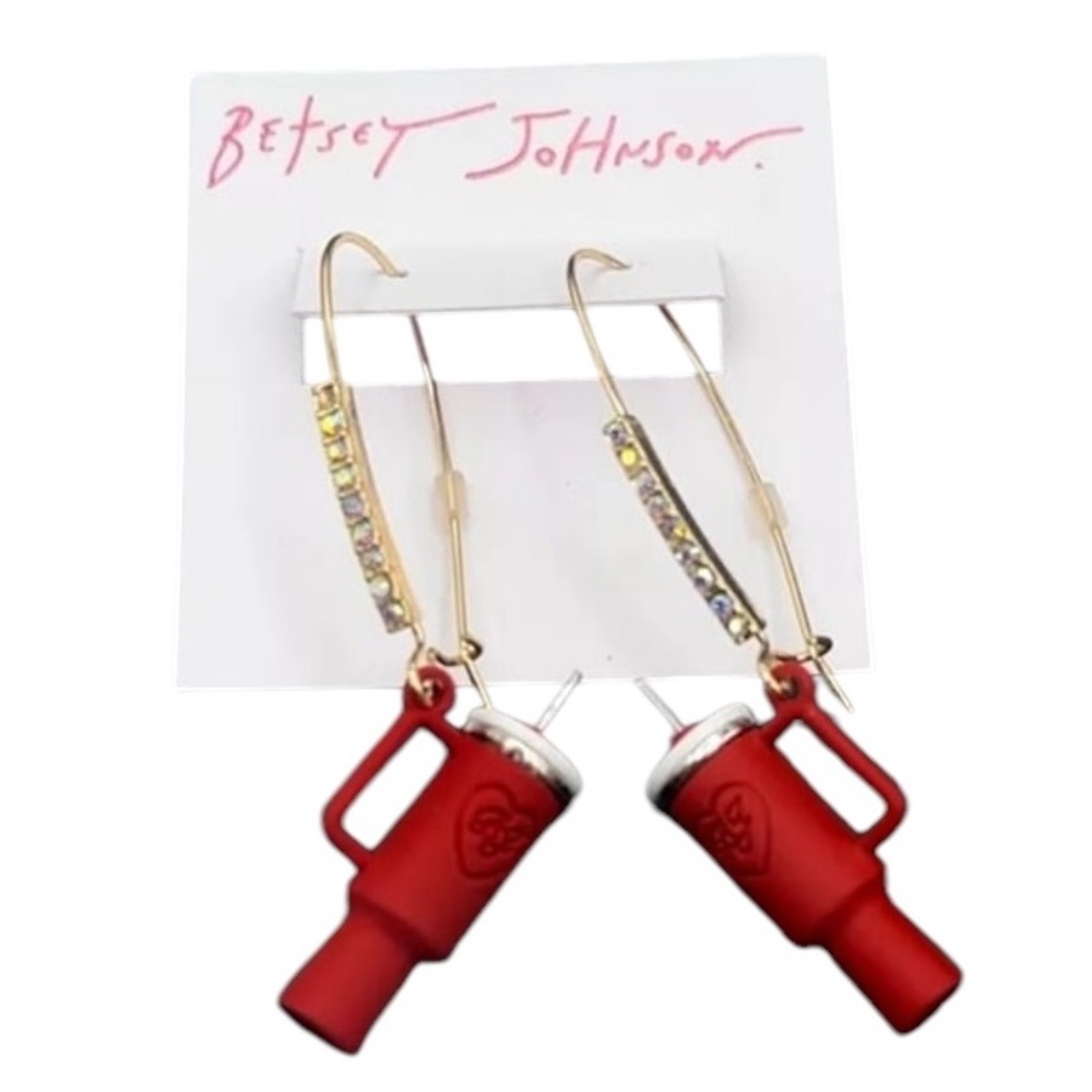 BETSEY JOHNSON Red & White Stanley Cup Tumbler Crystal-Accented Earrings NEW NWT